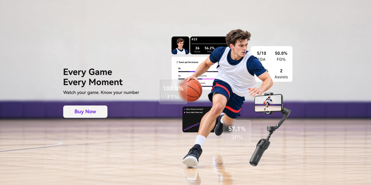 A man in a basketball uniform dribbling a ball on an indoor court, with overlaid sports analytics graphics and a phone mounted on a selfie stick. Text on the left reads 'Every Game Every Moment' and includes a 'Buy Now' button.